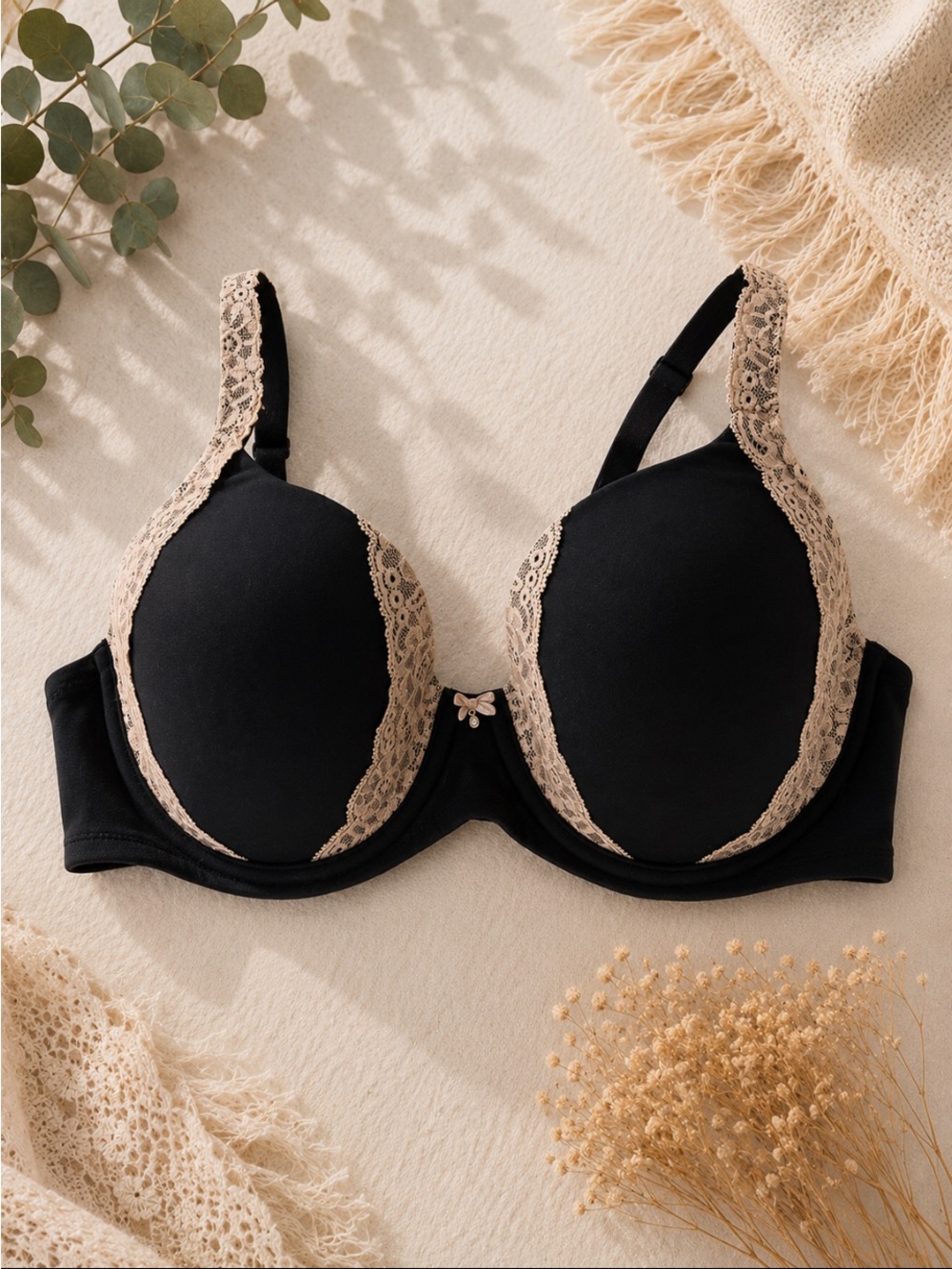 Soma Black Bra with Beige Lace Trim